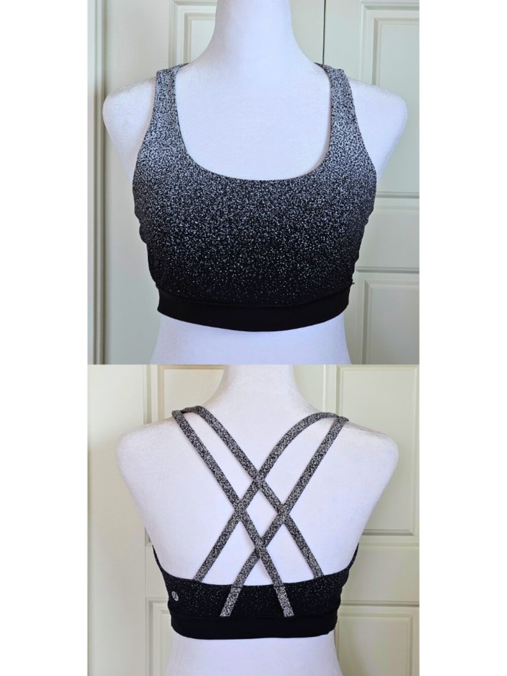 Lululemon Energy Bra 8 Ombre Speckle Black White Strappy Back Luxtreme